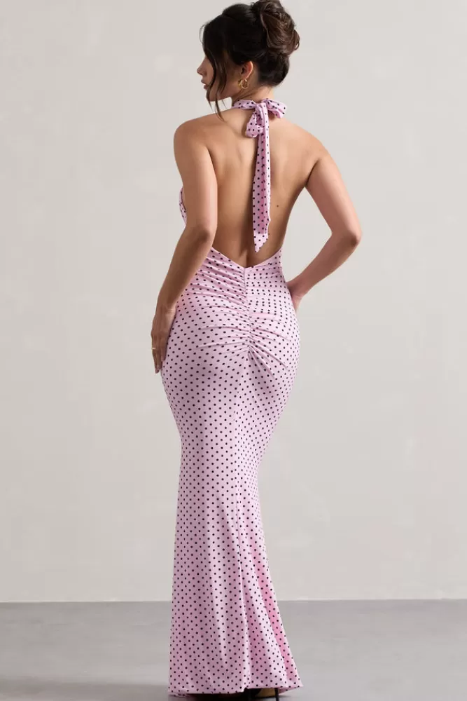 Club L London Invincible | Pink Polka Dot Cross Over Halter-Neck Open-Back Maxi Dress PINKPOLKA Best