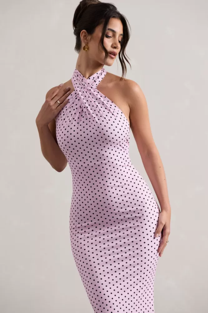 Club L London Invincible | Pink Polka Dot Cross Over Halter-Neck Open-Back Maxi Dress PINKPOLKA Best