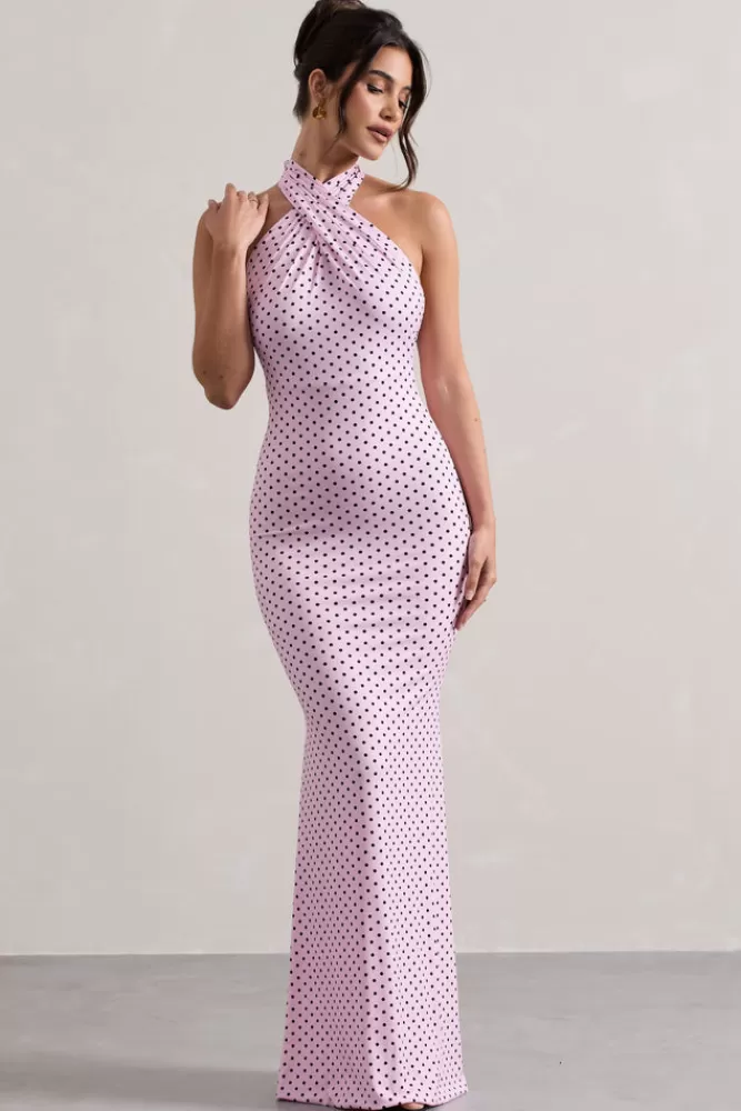 Club L London Invincible | Pink Polka Dot Cross Over Halter-Neck Open-Back Maxi Dress PINKPOLKA Best