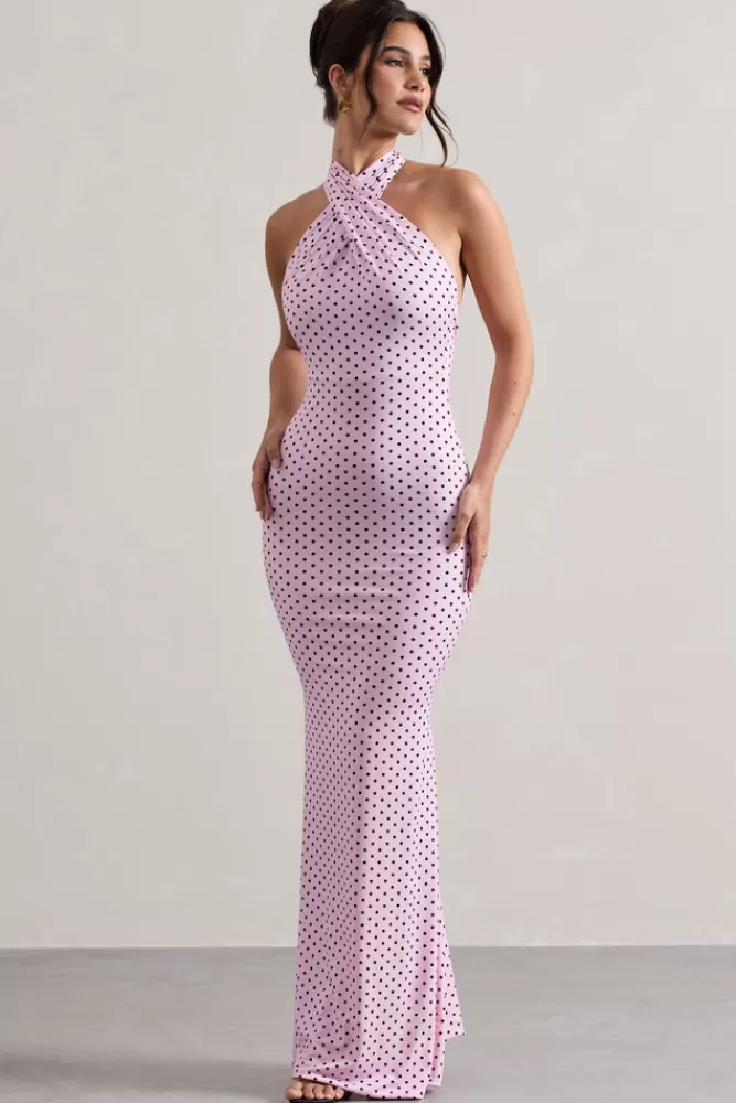 Club L London Invincible | Pink Polka Dot Cross Over Halter-Neck Open-Back Maxi Dress PINKPOLKA Best
