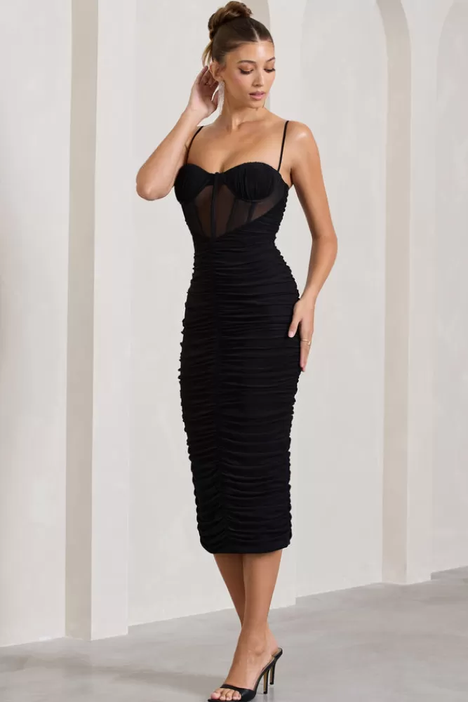 Club L London Inviting | Ruched Corset Midi Dress BLACK Cheap