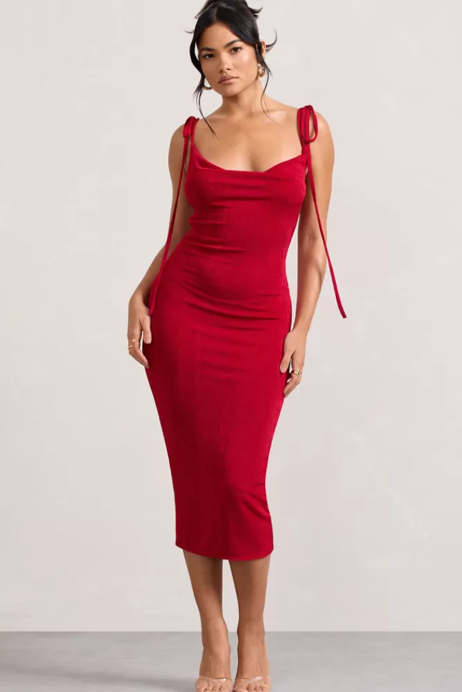 Club L London Irina | Cowl-Neck Bodycon Midi Dress RED Clearance