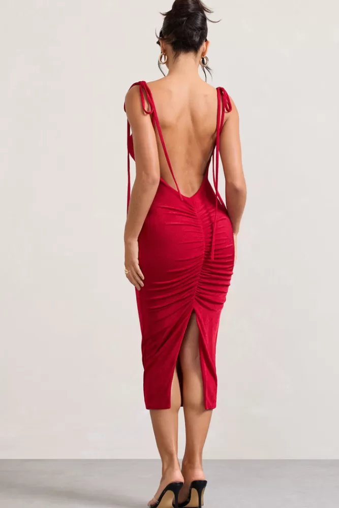 Club L London Irina | Cowl-Neck Bodycon Midi Dress RED Clearance