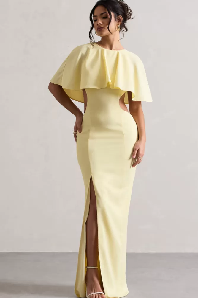 Club L London Isadora | Pastel Yellow Cut-Out Split Maxi Dress With Cape SHERBETYELLOW Cheap