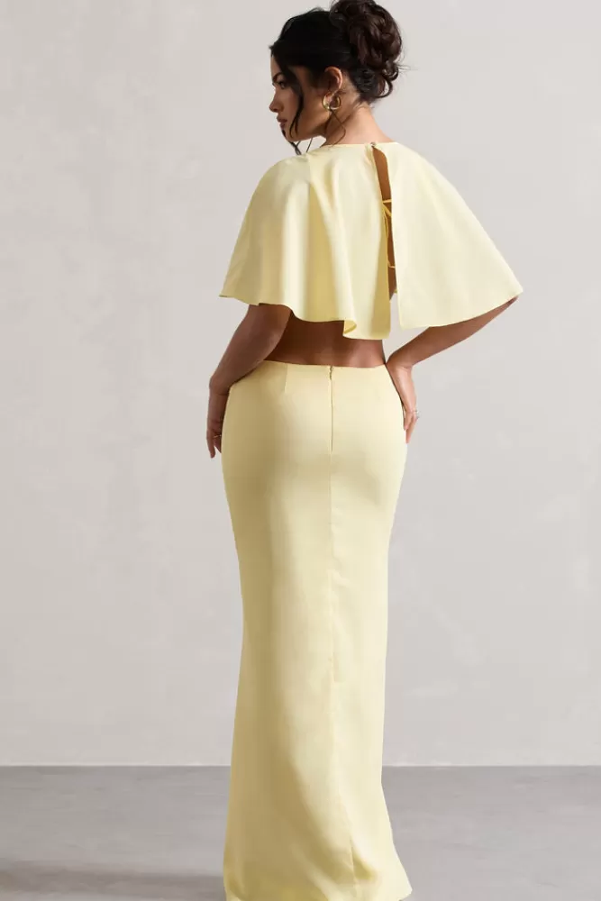 Club L London Isadora | Pastel Yellow Cut-Out Split Maxi Dress With Cape SHERBETYELLOW Cheap