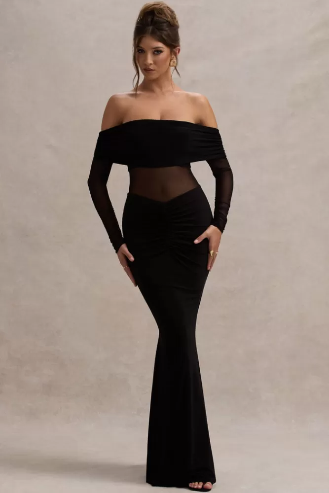 Club L London Ismeralda | Mesh Ruched Bardot Maxi Dress BLACK Online