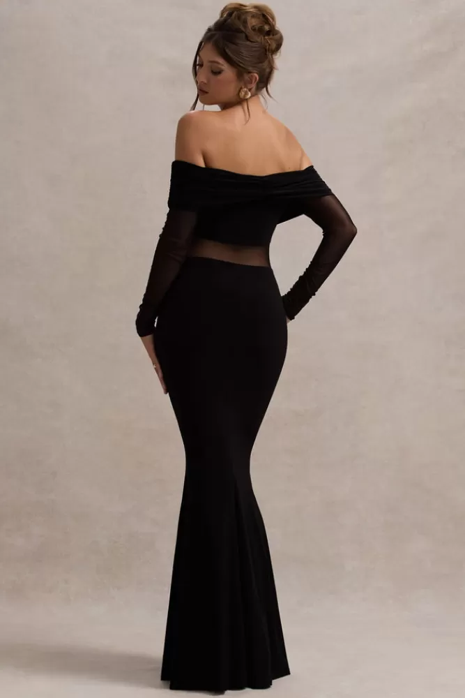 Club L London Ismeralda | Mesh Ruched Bardot Maxi Dress BLACK Online