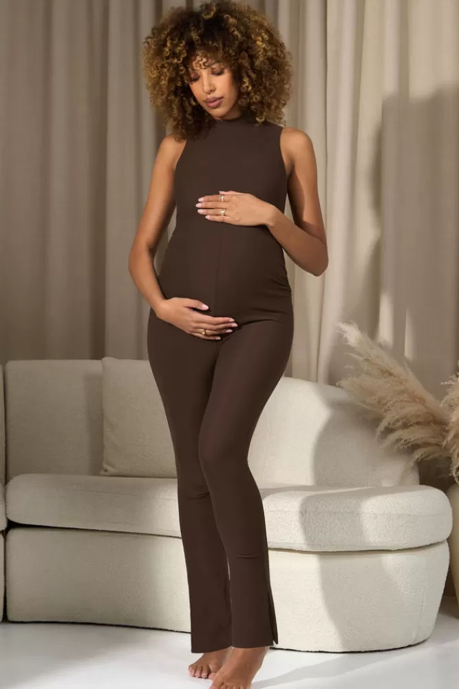 Club L London Issy | Chocolate High-Neck Sleeveless Maternity Jumpsuit DECADENTCHOCOLATE Best Sale