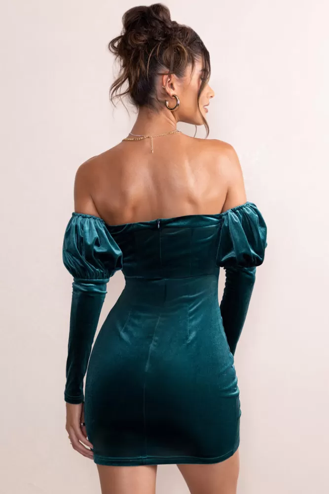 Club L London Ivy | Teal Velvet Cut Out Mini Dress With Ruffle Sleeves GREEN Discount