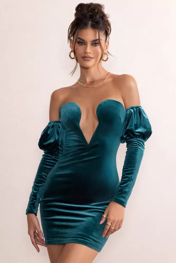 Club L London Ivy | Teal Velvet Cut Out Mini Dress With Ruffle Sleeves GREEN Discount