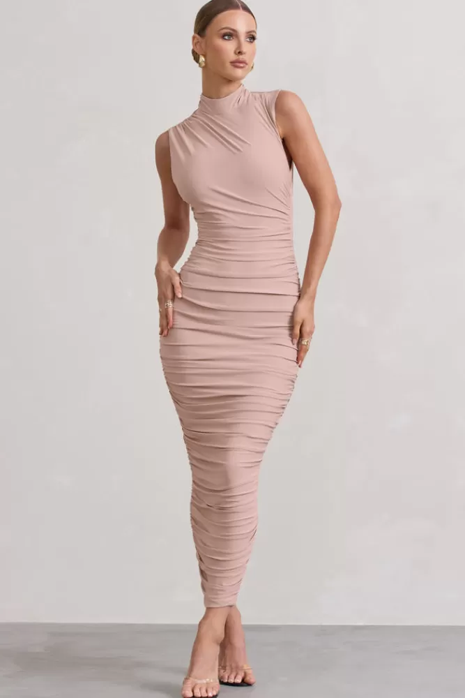 Club L London Jaded | Bodycon Ruched High-Neck Open-Back Maxi Dress CHAMPAGNE New