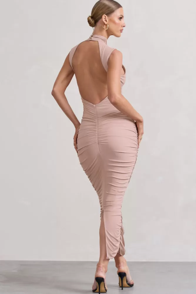 Club L London Jaded | Bodycon Ruched High-Neck Open-Back Maxi Dress CHAMPAGNE New