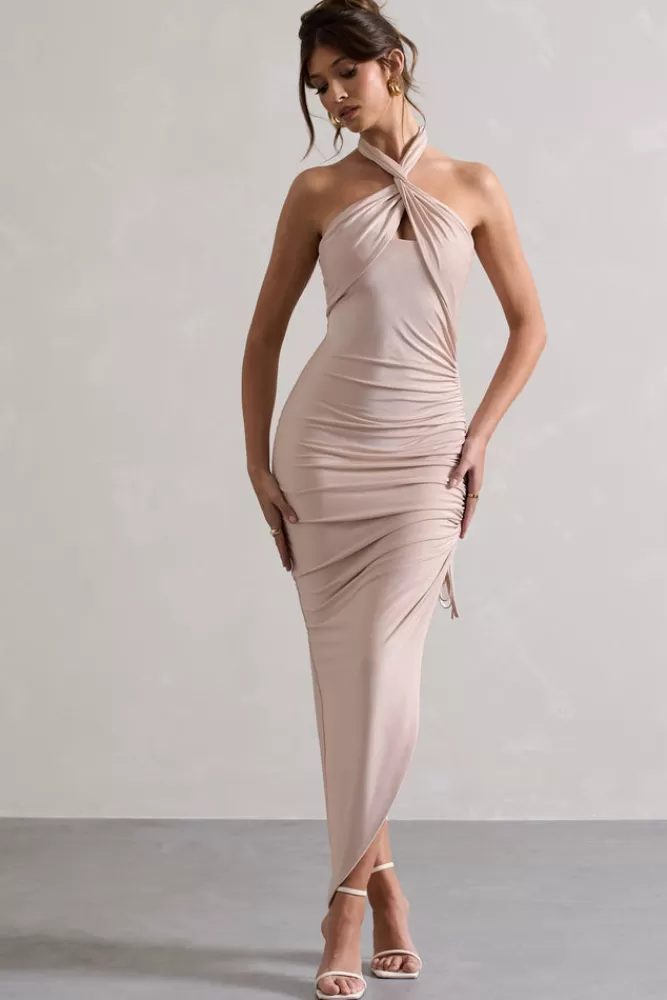 Club L London Jaiya | Ruched Halter-Neck Asymmetric Maxi CHAMPAGNE Hot