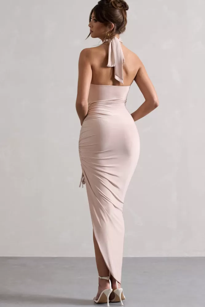 Club L London Jaiya | Ruched Halter-Neck Asymmetric Maxi CHAMPAGNE Hot