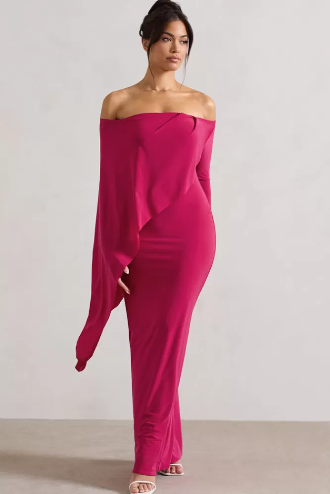 Club L London Jana | Dark Pink Bardot Cape Maxi Dress BOUDOIRRED Shop