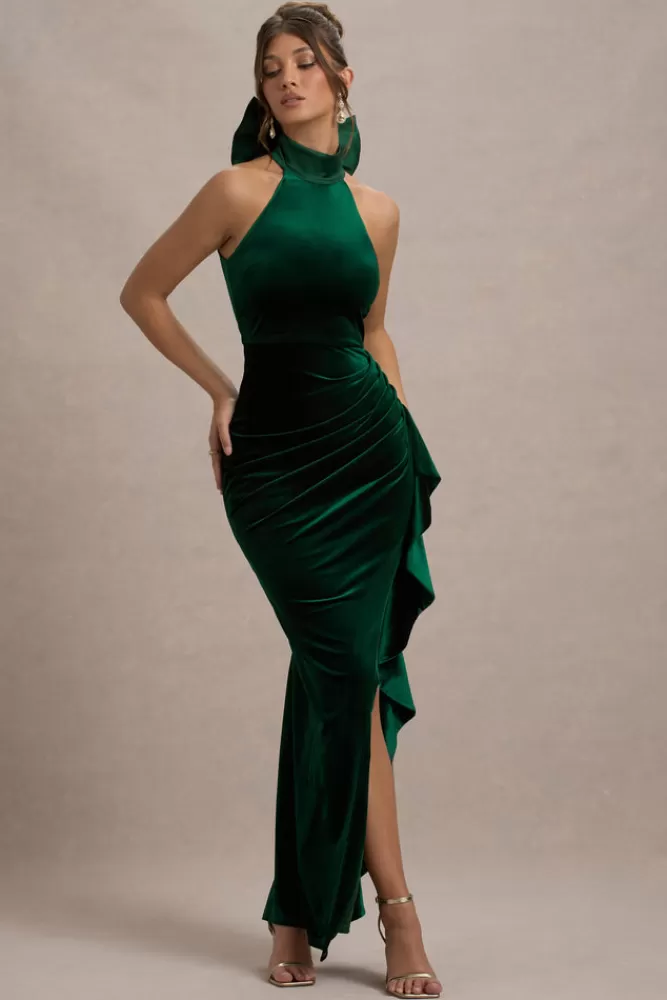 Club L London Janiya | Velvet High-Neck Ruffled Split Maxi Dress GREEN Clearance