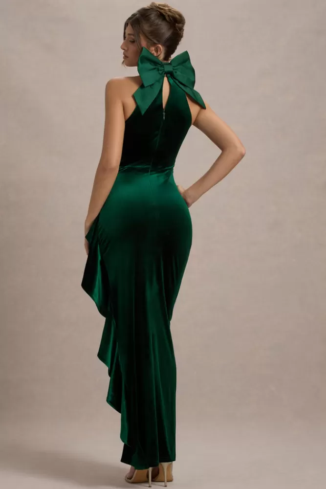 Club L London Janiya | Velvet High-Neck Ruffled Split Maxi Dress GREEN Clearance