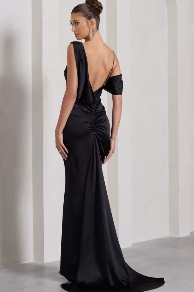 Club L London Jayne | Satin Asymmetric Draped Split Maxi Dress BLACK Best Sale