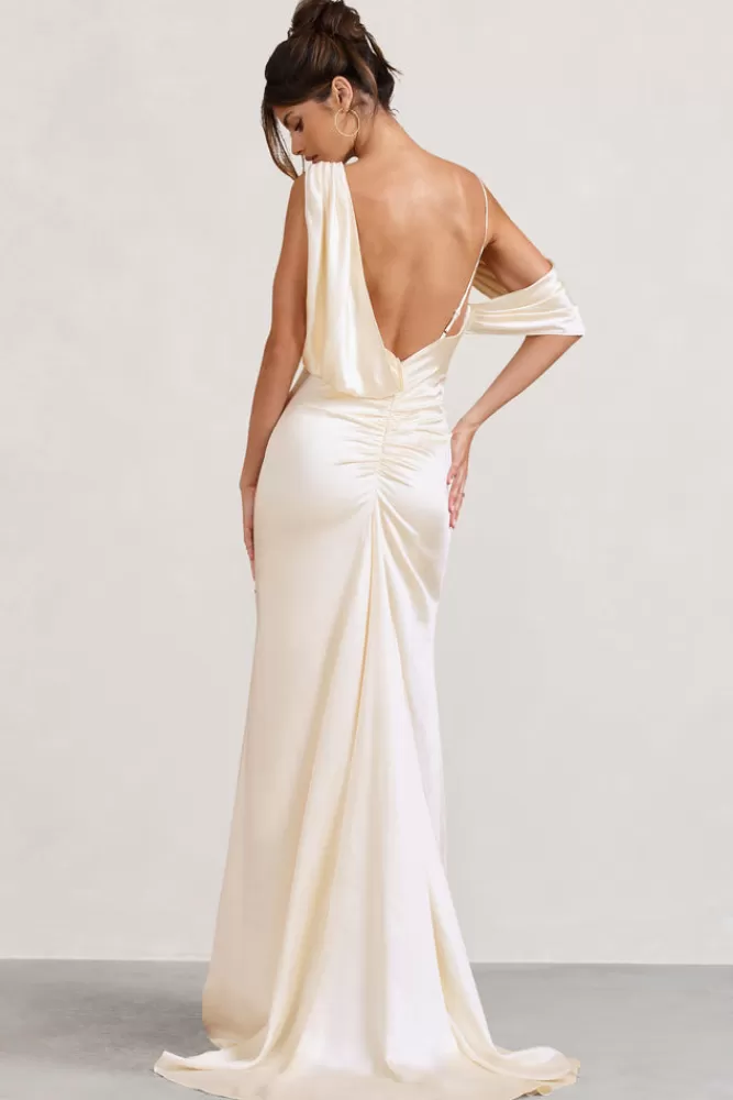 Club L London Jayne | Satin Asymmetric Draped Split Maxi Dress CREAM Flash Sale