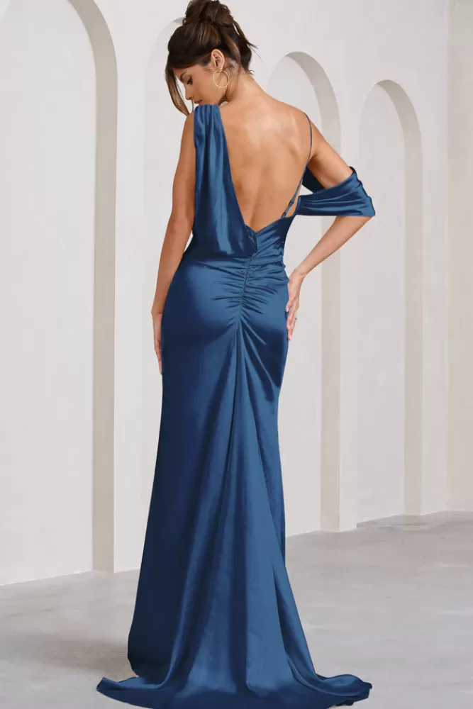 Club L London Jayne | Satin Asymmetric Draped Split Maxi Dress NAVY Store