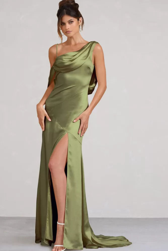 Club L London Jayne | Satin Asymmetric Draped Split Maxi Dress OLIVE Store