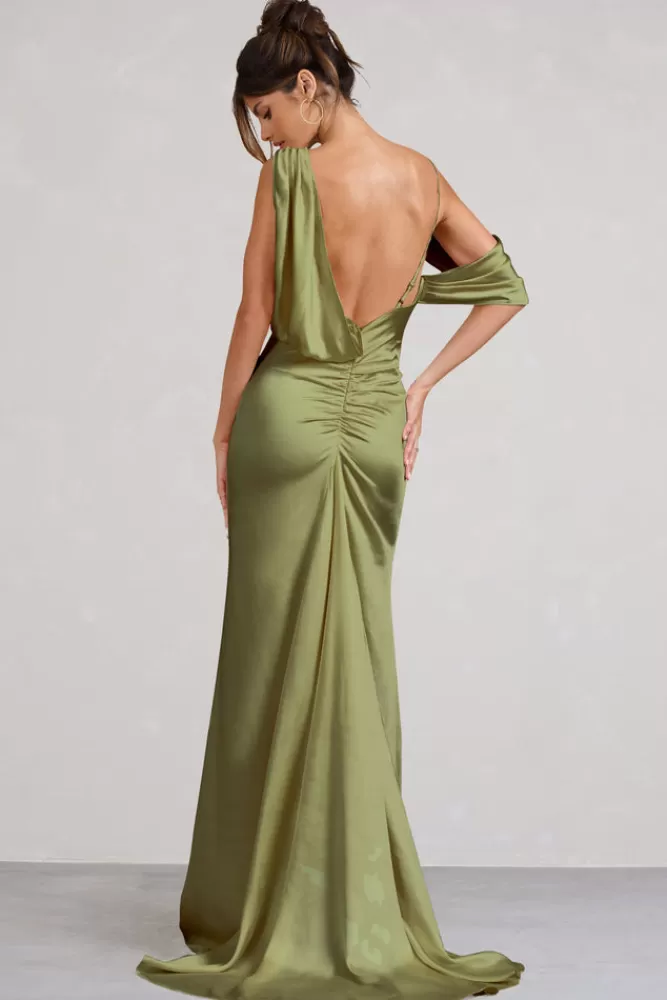 Club L London Jayne | Satin Asymmetric Draped Split Maxi Dress OLIVE Store