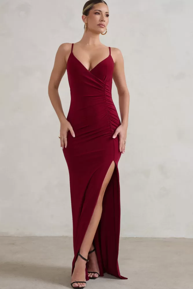 Club L London Jeanne | Red Plunge Ruched Cami Maxi Dress With Split BERRY Outlet