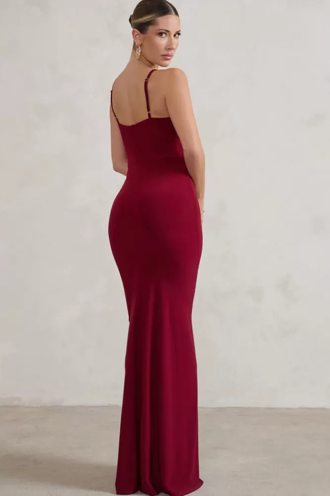 Club L London Jeanne | Red Plunge Ruched Cami Maxi Dress With Split BERRY Outlet