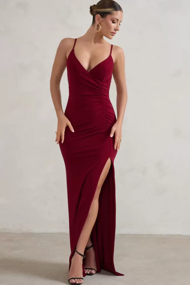 Club L London Jeanne | Red Plunge Ruched Cami Maxi Dress With Split BERRY Outlet