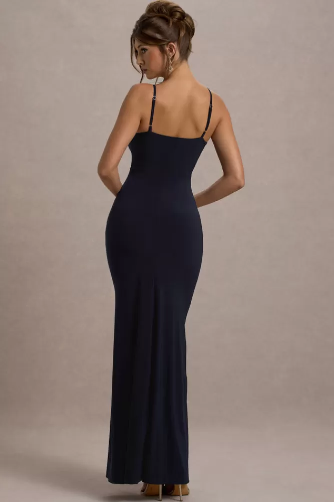 Club L London Jeanne | Plunge Ruched Cami Maxi Dress With Split NAVY Store