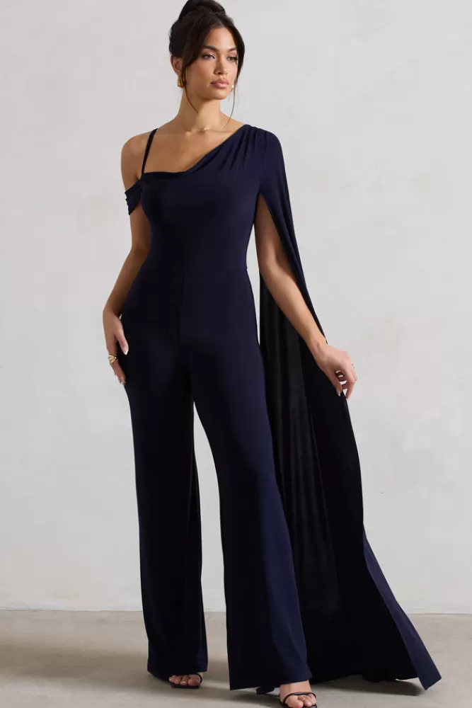 Club L London Jelena | Asymmetric Draped Straight-Leg Jumpsuit With Cape Sleeve NAVY Shop