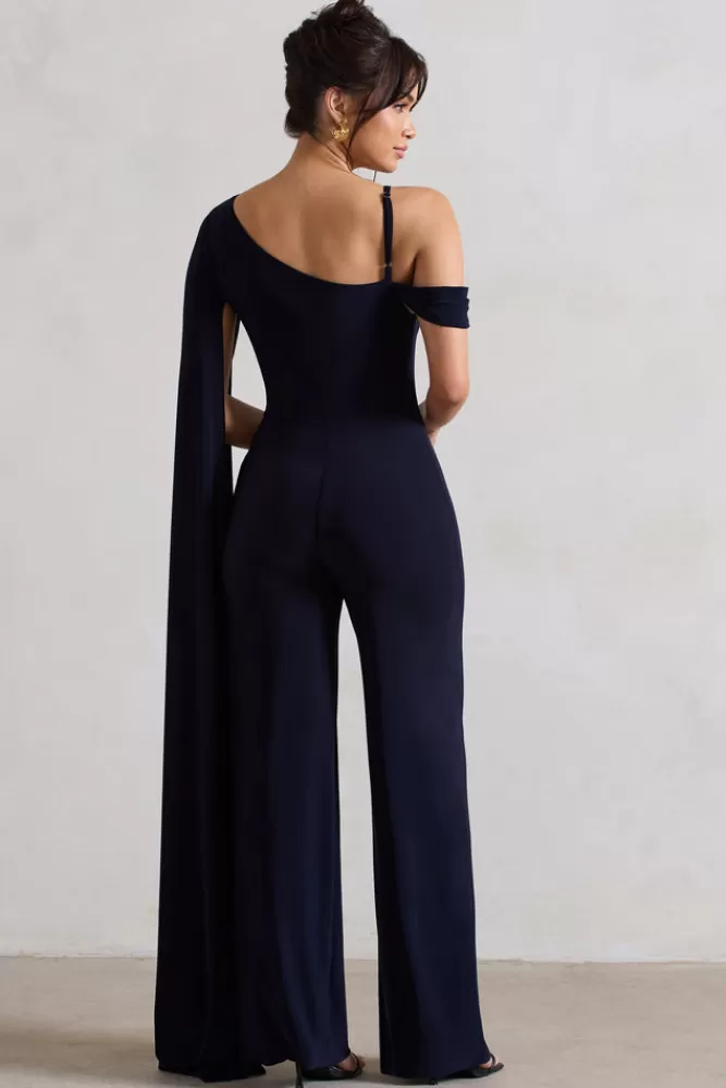 Club L London Jelena | Asymmetric Draped Straight-Leg Jumpsuit With Cape Sleeve NAVY Shop