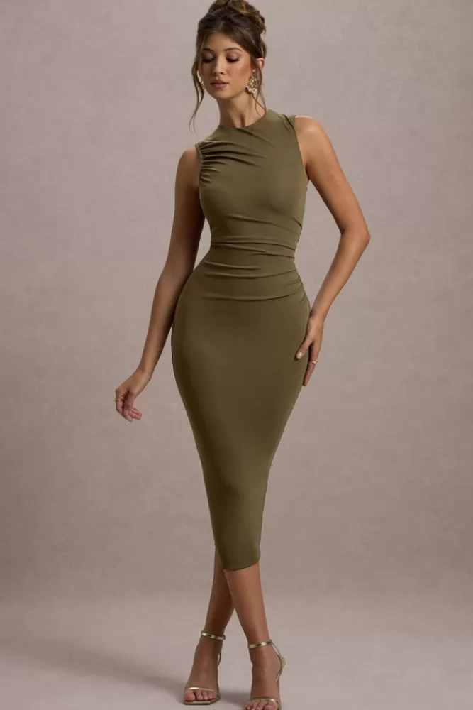 Club L London Jemma | Bodycon Ruched Midi Dress KHAKI Outlet