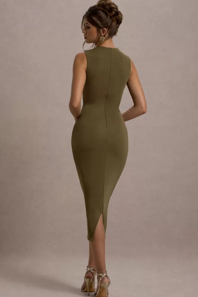 Club L London Jemma | Bodycon Ruched Midi Dress KHAKI Outlet