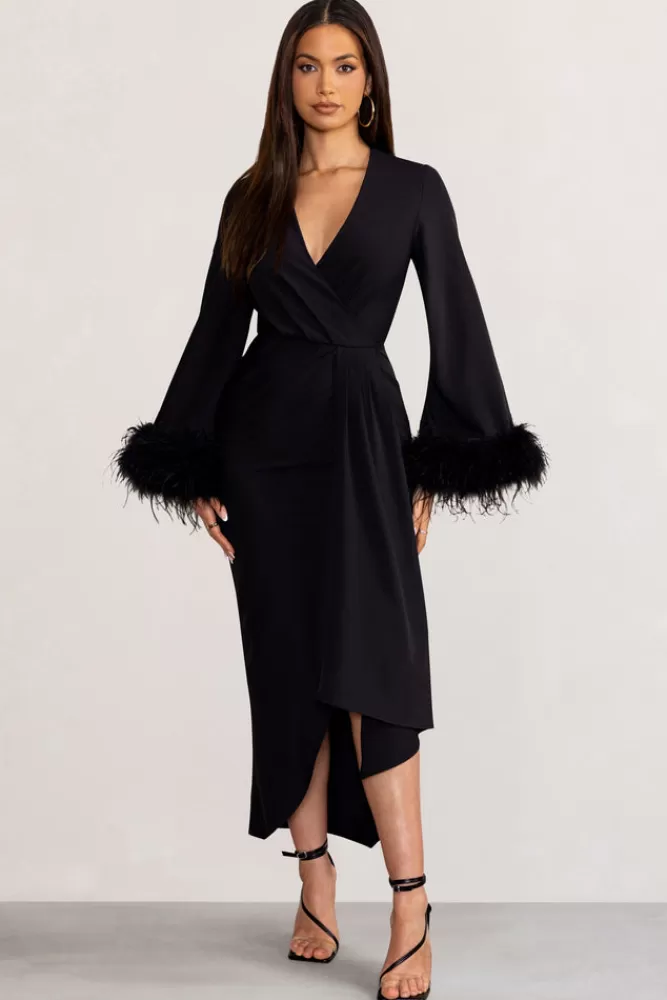 Club L London Jenna | Plunge Midi Dress with Feather Trim Wide Sleeves and Front Tie Drape BLACK Sale
