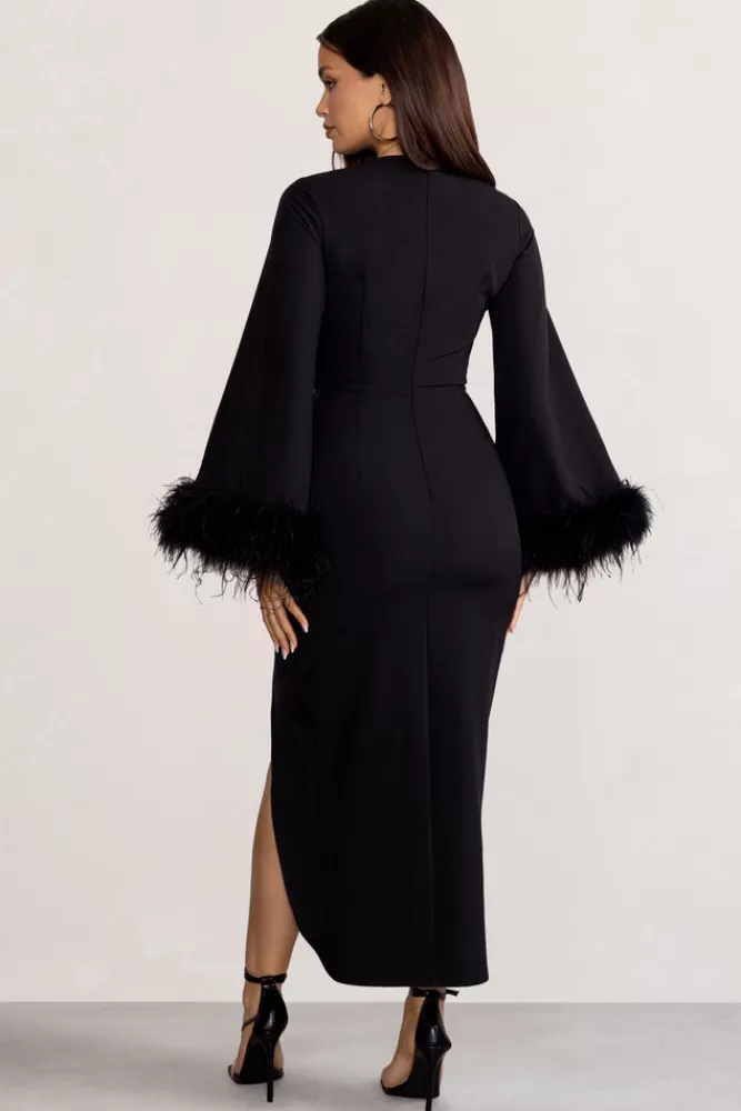 Club L London Jenna | Plunge Midi Dress with Feather Trim Wide Sleeves and Front Tie Drape BLACK Sale