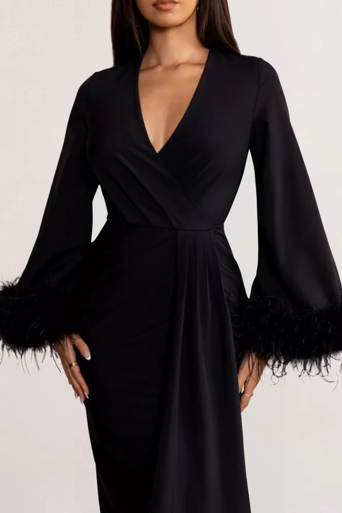 Club L London Jenna | Plunge Midi Dress with Feather Trim Wide Sleeves and Front Tie Drape BLACK Sale