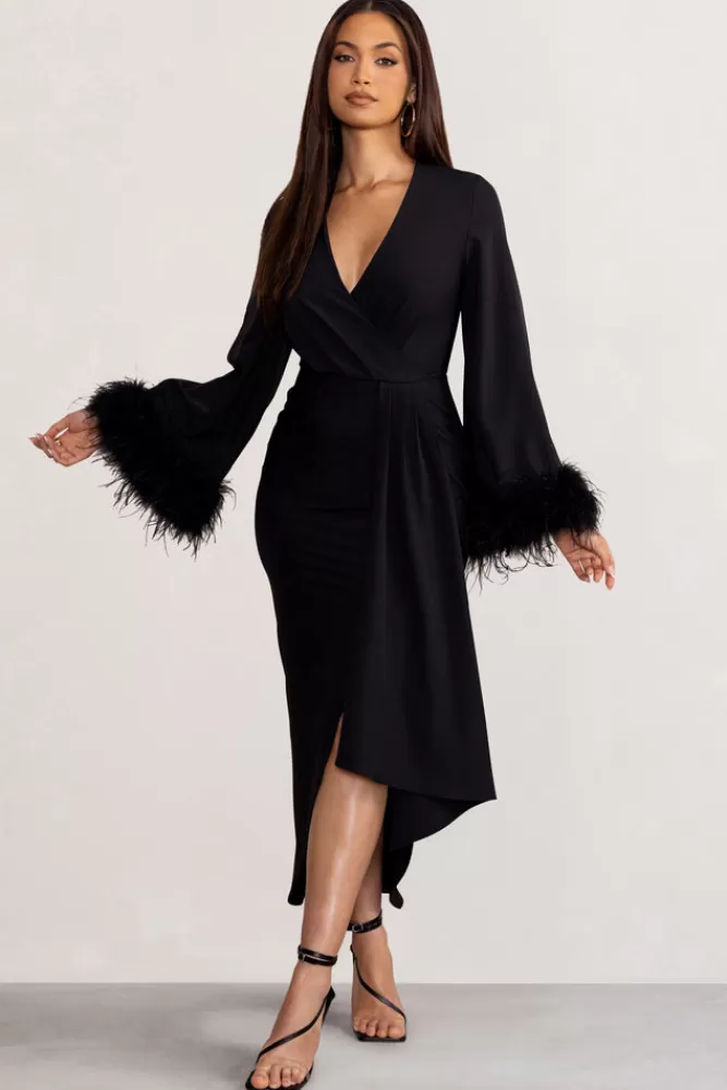 Club L London Jenna | Plunge Midi Dress with Feather Trim Wide Sleeves and Front Tie Drape BLACK Sale