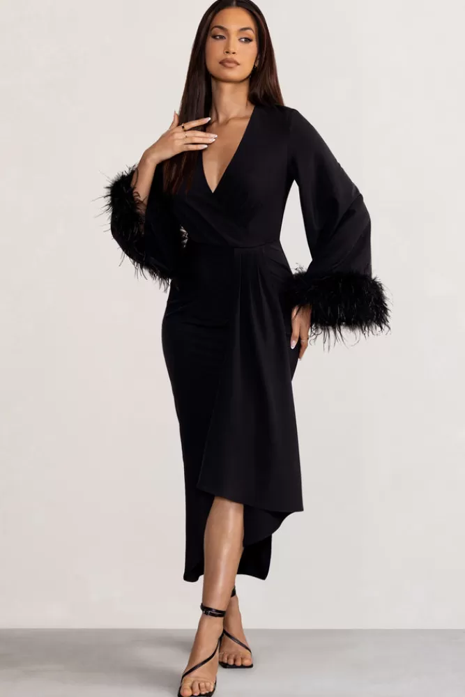 Club L London Jenna | Plunge Midi Dress with Feather Trim Wide Sleeves and Front Tie Drape BLACK Sale