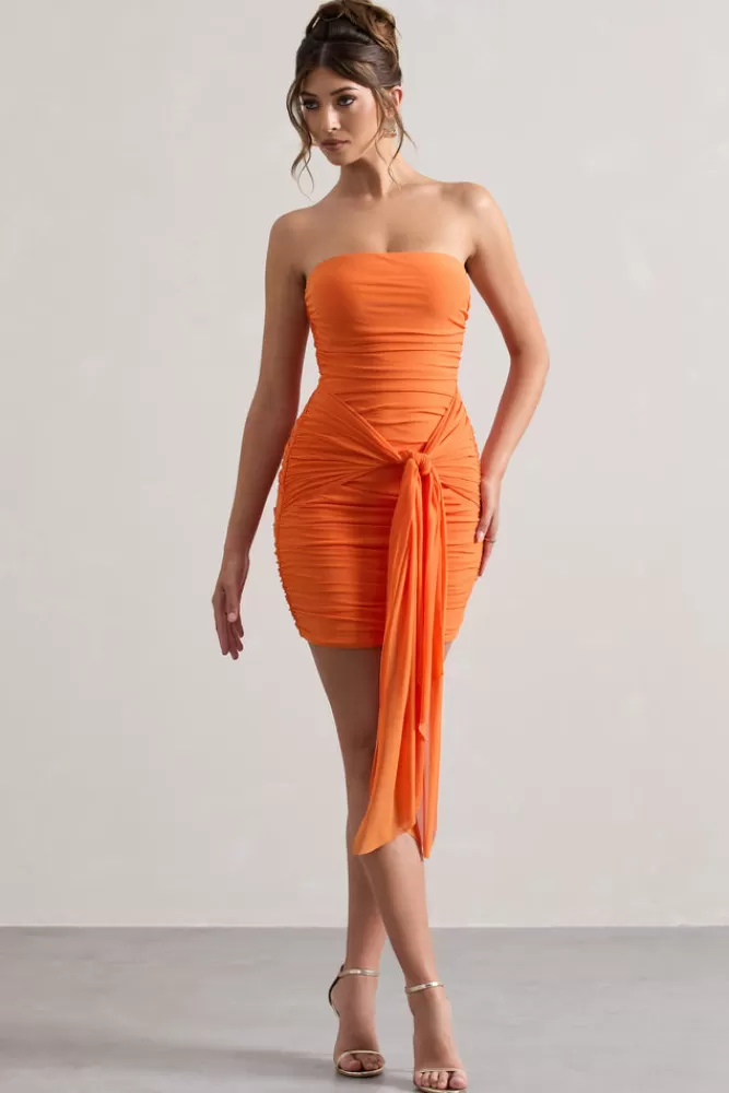 Club L London Jesse | Orange Ruched Mini Dress With Knot Detail TANGERINE Hot