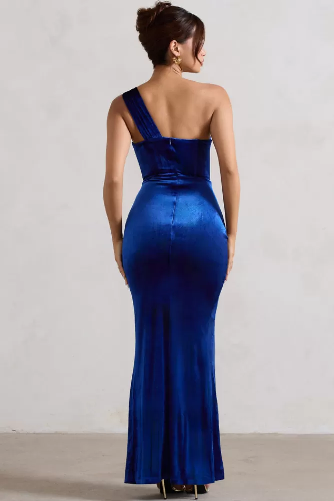 Club L London Jessica | Velvet One Shoulder Corset Style Wrap Maxi Dress COBALT Discount