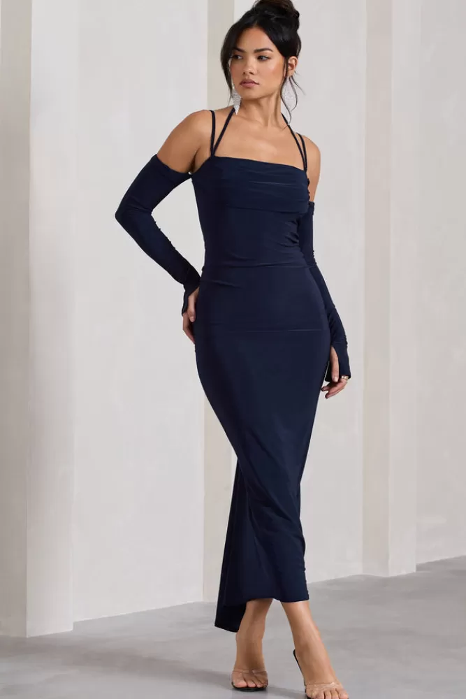 Club L London Jessie | Strappy Long-Sleeved Bodycon Maxi Dress NAVY Cheap