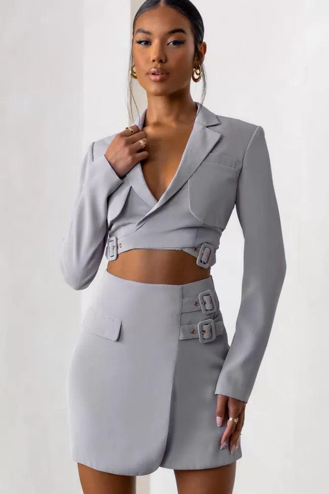 Club L London Jet Set | Dove Belt Strap Pocket Detail Mini Skirt GREY Hot