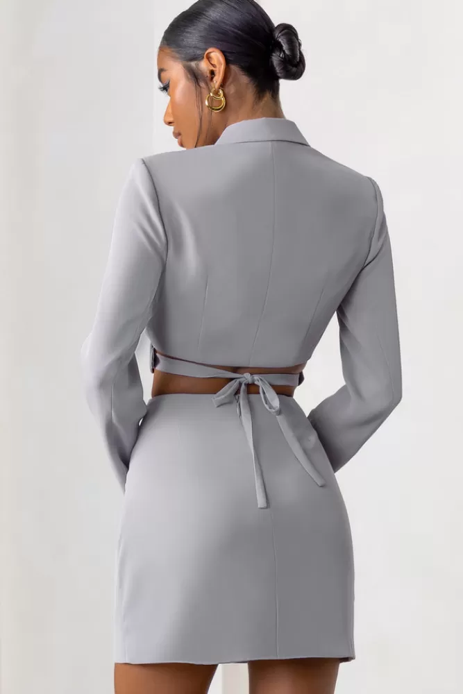 Club L London Jet Set | Dove Belt Strap Pocket Detail Mini Skirt GREY Hot