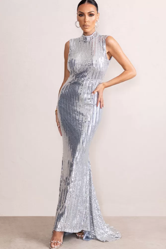 Club L London Jewel | Sequin High Neck Maxi Dress With Open Back Detail SILVER Clearance