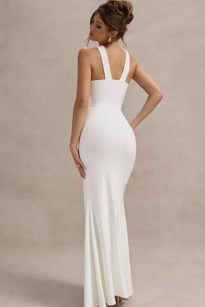 Club L London Jianna | Cross Over Halter-Neck Split Maxi Dress WHITE Outlet