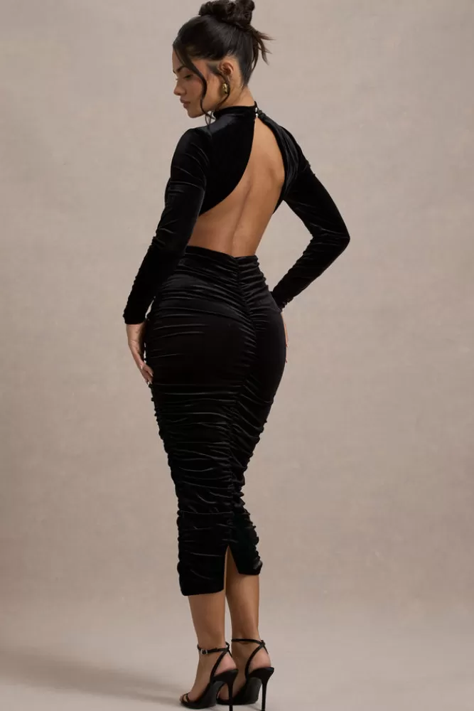 Club L London Joanna | Velvet High-Neck Backless Midi Dress BLACK Store