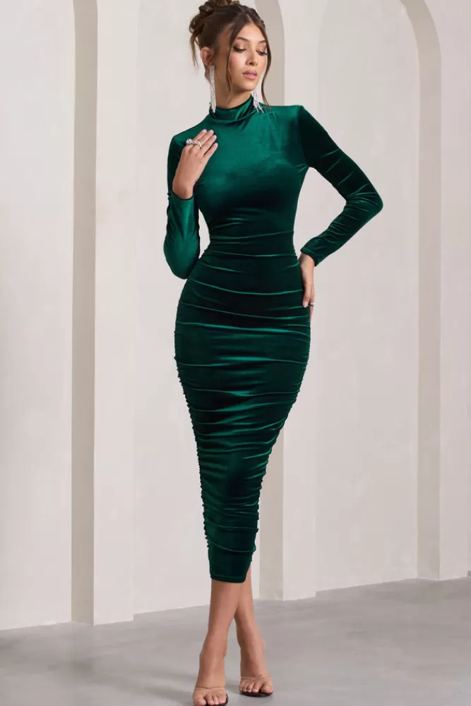 Club L London Joanna | Bottle Green Velvet High-Neck Backless Midi Dress BOTTLEGREEN Outlet