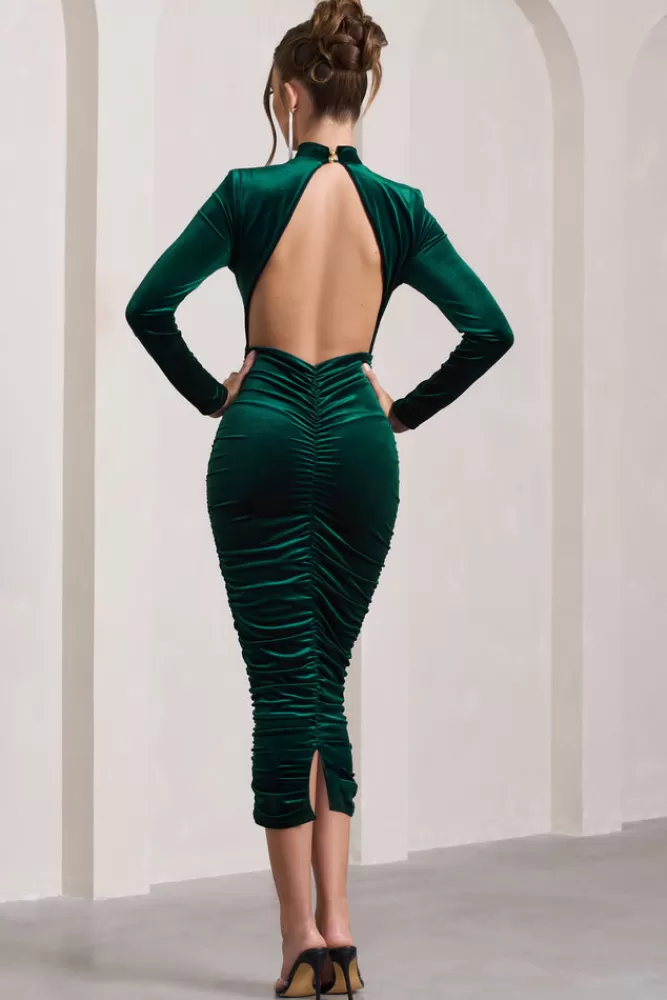 Club L London Joanna | Bottle Green Velvet High-Neck Backless Midi Dress BOTTLEGREEN Outlet