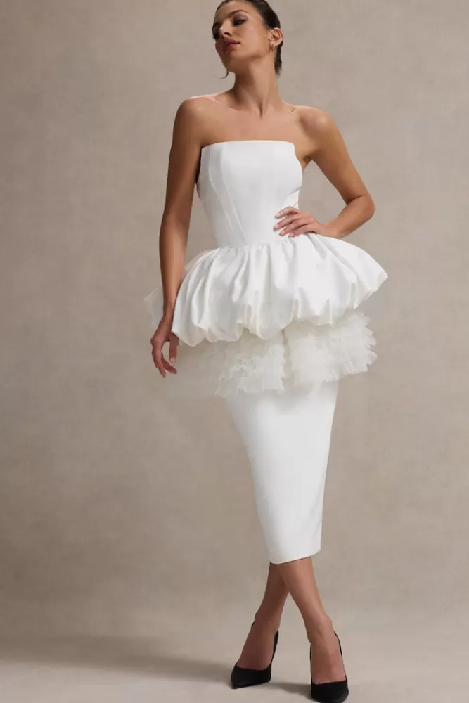 Club L London Jones | Strapless Midi Dress With Tulle Peplum Waist WHITE Hot